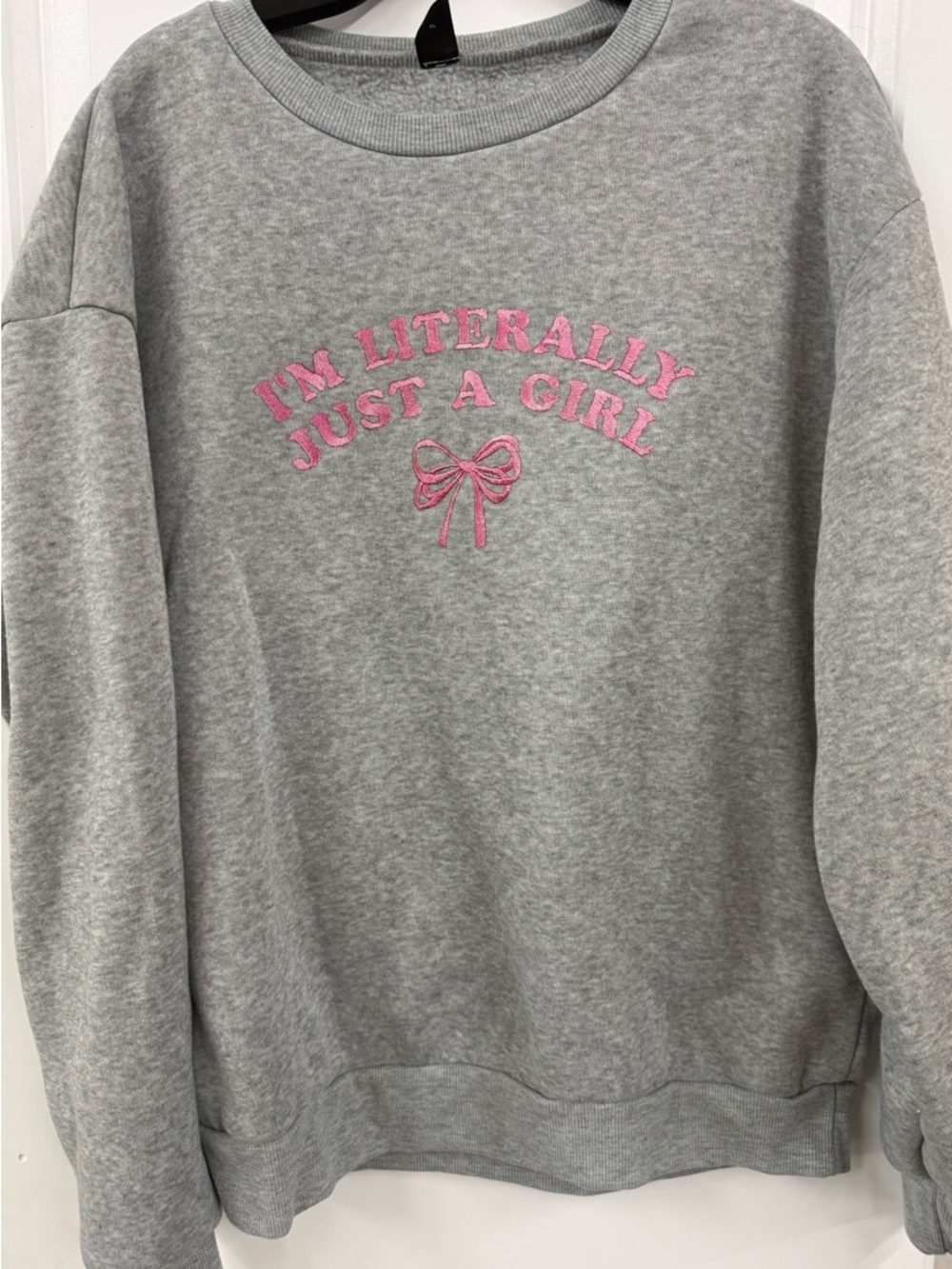 SHEIN Gray Crewneck Sweatshirt with Pink Embroidered Slogan